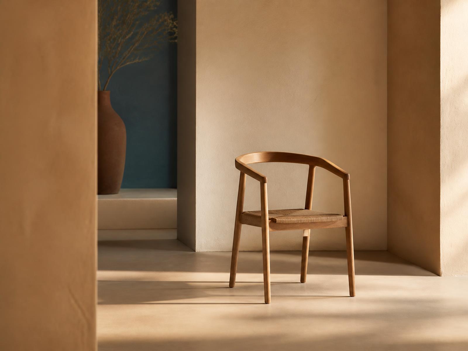 A single wooden chair in a quiet, sunlit room with warm sand coloured walls